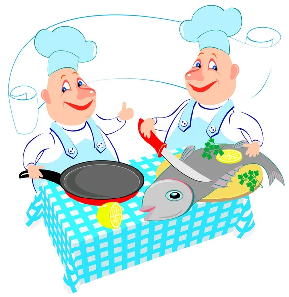 Ilustración Dos Cocineros Alegres Preparando Pescado Cocina Publicidad Para Restaurante — Vector de stock