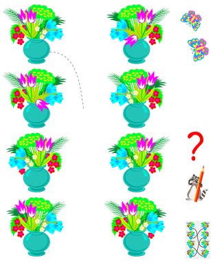 Çocuklar ve yetişkinler için oyun bulmaca mantık. Her buket doğru yansıması bulmak ve aralarında çizgi çizin. Vektör çizgi film resim.