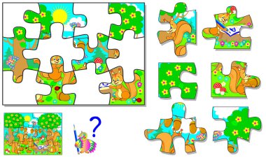 Çocuklar ve yetişkinler için oyun bulmaca mantık. Her ayrıntı için doğru yer bulmalıyız. Vektör çizgi film resim.