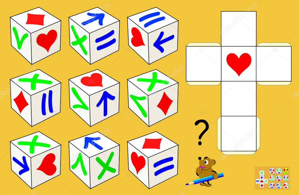 Logic puzzle game for children and adults. Need to find 8 identical cubes and draw their pattern. Which of cubes differs from others? Vector  cartoon image.