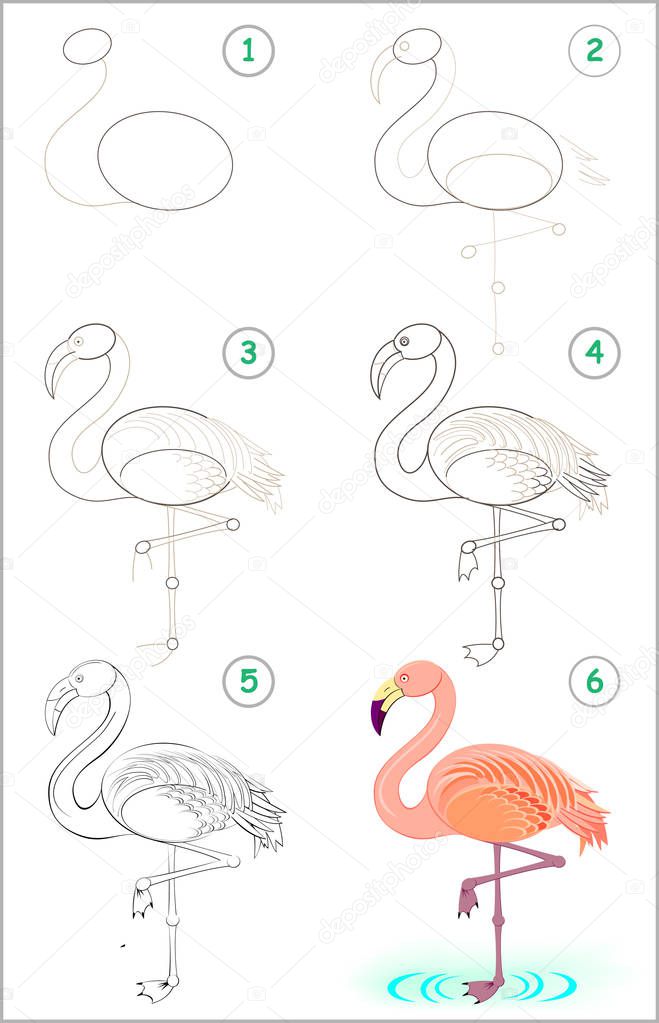 Page shows how to learn step by step to draw a cute flamingo. Developing children skills for drawing and coloring. Vector image.