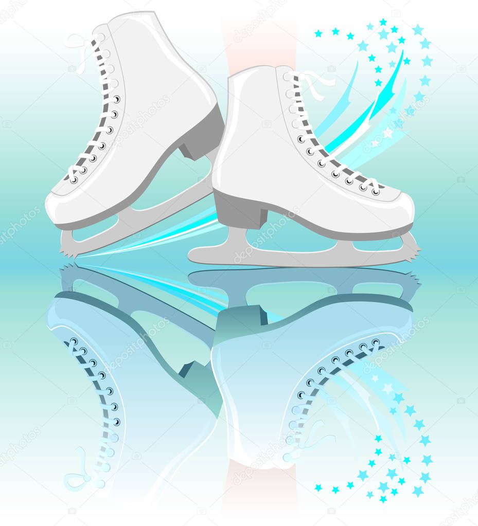 Illustration of skates on ice. Advertising and poster for the ice rink and competitions in figure skating. Vector cartoon image.  
