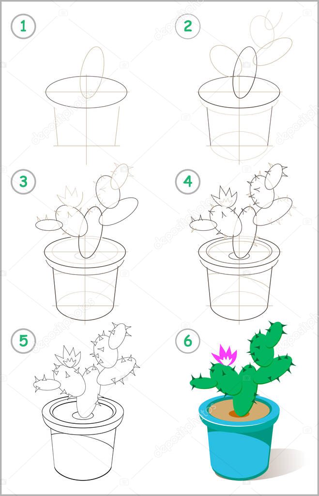 Page shows how to learn step by step to draw flowering cactus in a flowerpot. Developing children skills for drawing and coloring. Vector image.