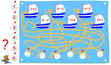 Toplama ve çıkarma çocuklar için egzersizleri ile eğitim sayfası. Hangi ipleri her tekneye bağlanan buldun mu? Sayıları şamandıralar yazmak ve örnekler çözün. Vektör çizgi film resim.