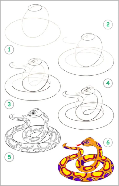 ページは ステップバイ ステップでかわいいヘビを描画することを学ぶ方法を示します 描画と着色の子供たちの能力を開発します ベクトル画像 — ストックベクタ