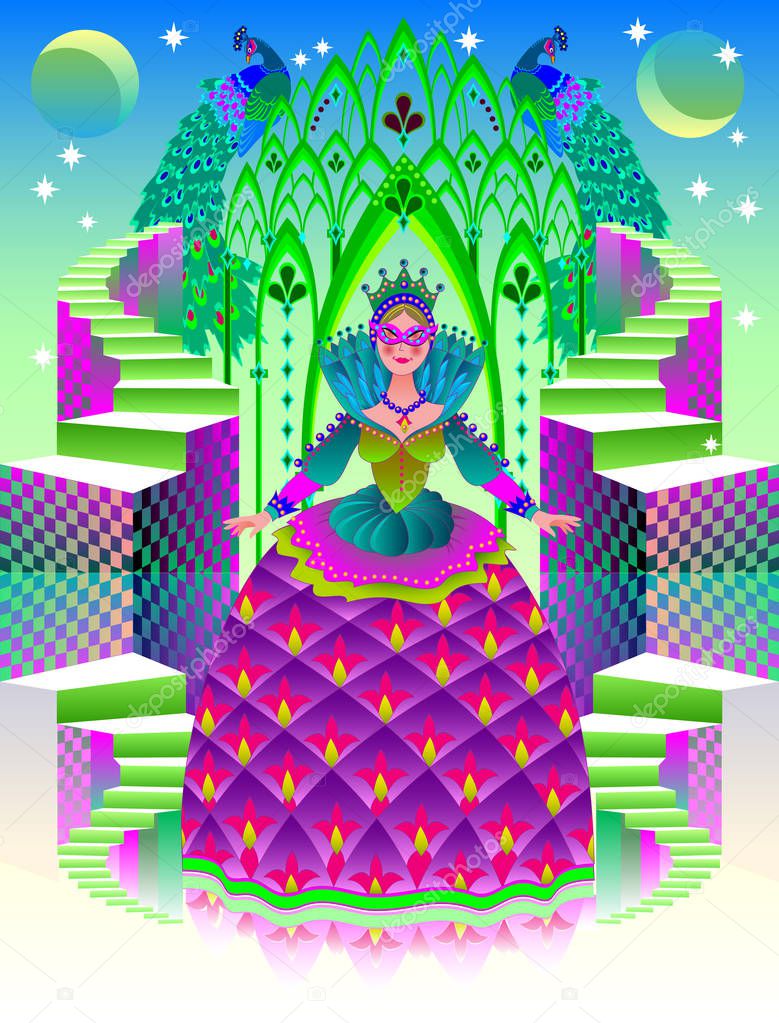 Book cover for children's fairy tale. Illustration of fairyland queen in fantasy medieval kingdom. Vector cartoon image.