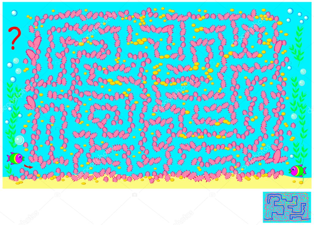 Logic puzzle game with labyrinth for children and adults. Help the fish find the way to the friend among the sea corals. Vector cartoon image.