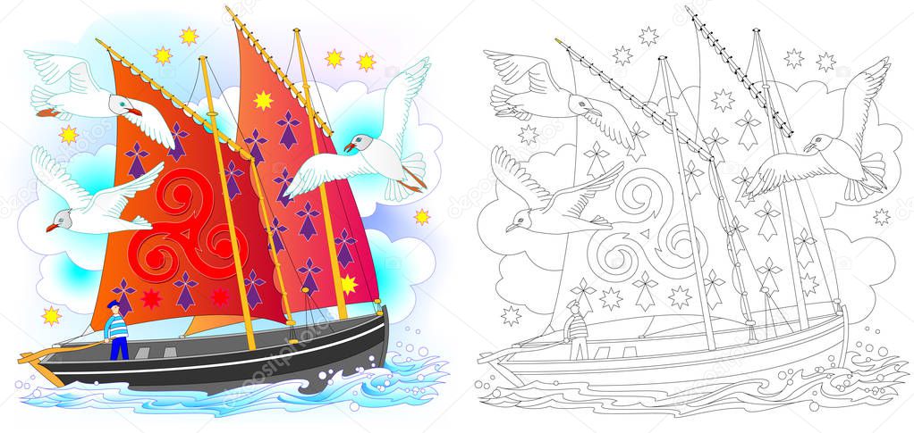Colorful and black and white pattern for coloring. Fantasy drawing of ancient Celtic sailboat. Worksheet for children and adults. Vector image.