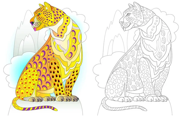 Colorful Black White Pattern Coloring Illustration Fairyland Leopard Worksheet Children — Stock Vector