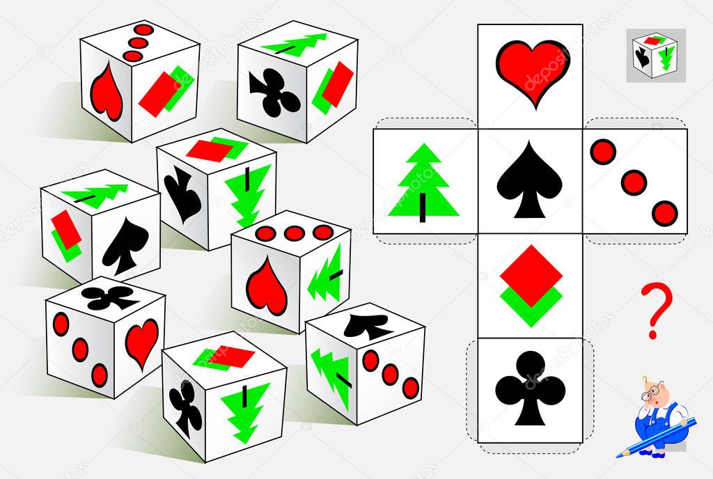 Logic puzzle game. Find the only one cube that corresponds to pattern. Vector  cartoon image.