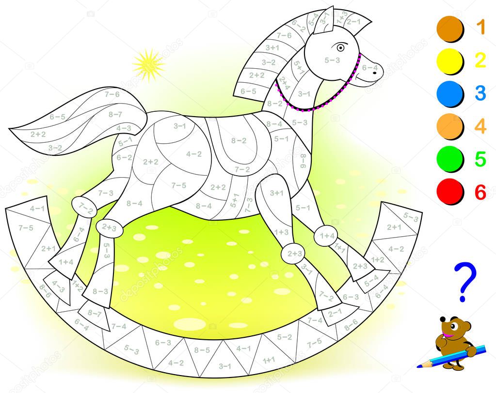 Educational page with exercises for children on addition and subtraction. Need to solve examples and to paint the toy rocking horse in relevant colors. Developing skills for counting. Vector image.