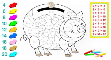 Çarpma iki olan çocuklar için egzersizler ile çalışma. Örnekler çözmek ve resmi ilgili renklerde boya gerekir. Vektör çizgi film resim.