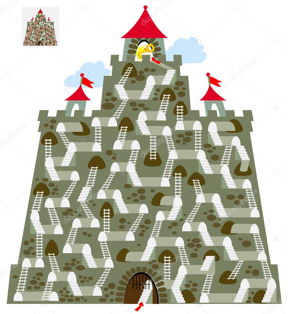 Logic puzzle game with labyrinth for children and adults. Find the way in the castle till tower with key. Vector cartoon image.