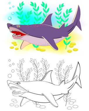 Renkli ve siyah-beyaz desen boyama. Sevimli köpek balığı Illustration. Çocuklar ve yetişkinler için çalışma sayfası. Vektör görüntü.