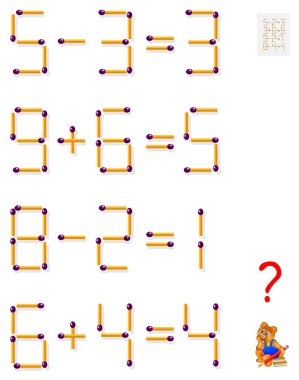 Mantık bulmaca oyunu. Her görev için denklemler bakiyesini sağlamak için bir kibrit çöpü taşıyın. Vektör görüntü.