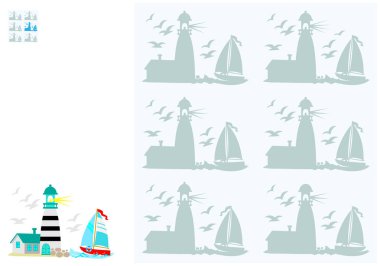 Genç çocuklar için oyun bulmaca mantık. Resmi karşılık gelen gölge bulmalıyız. Sayım için becerilerini geliştirmek. Vektör çizgi film resim.