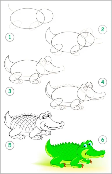 Página Mostra Como Aprender Passo Passo Para Desenhar Crocodilo Bonito —  Vetores de Stock