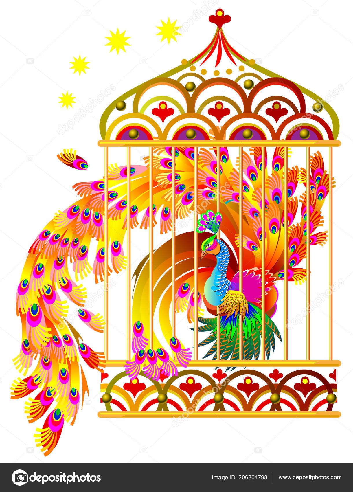 Dessin Féerie Oiseau Feu Assis Dans Une Cage Fantaisie Image