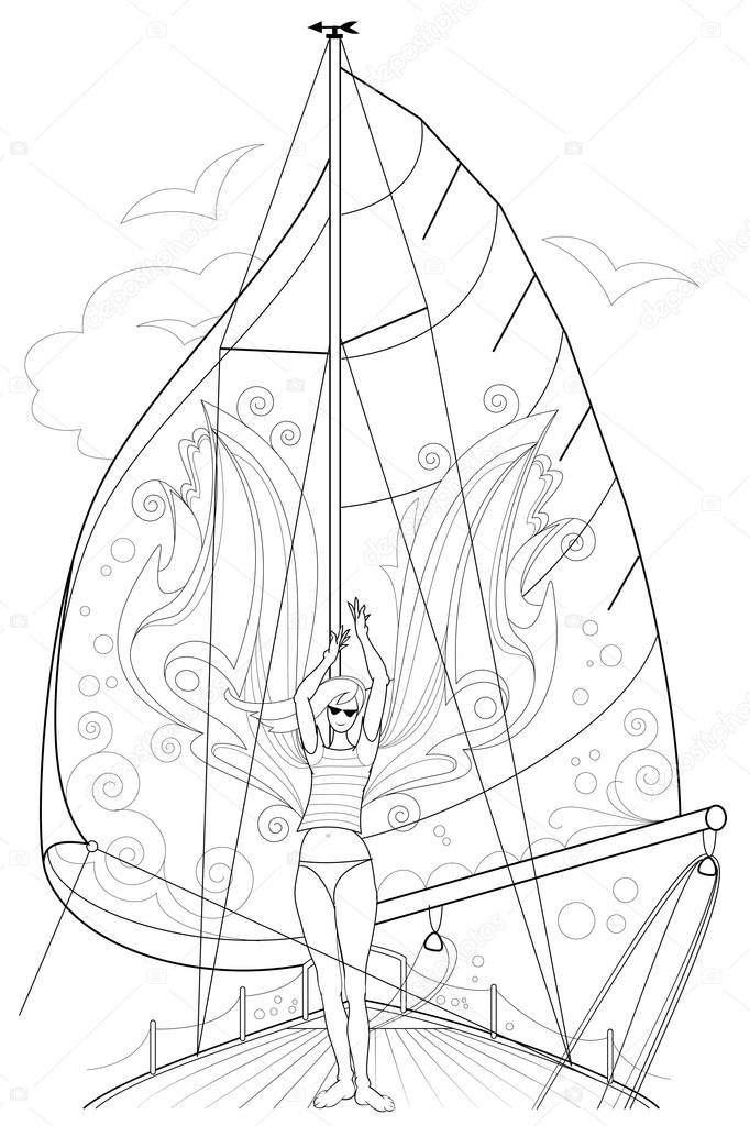 Black and white page for coloring. Fantasy drawing of beautiful fairy dancing tango on a board of sailboat. Worksheet for children and adults. Black and white vector image.