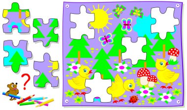 Genç çocuklar için oyun bulmaca mantık. Bulmam gerek eksik parçaları resim ve onları içinde doğru yerlerde çizin. Vektör çizgi film resim.