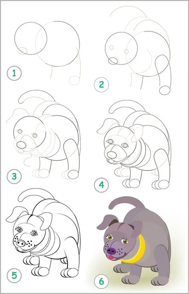 ページは ステップバイ ステップでかわいい子犬を描画することを学ぶ方法を示します 描画と着色の子供たちの能力を開発します ベクトル画像 — ストックベクタ