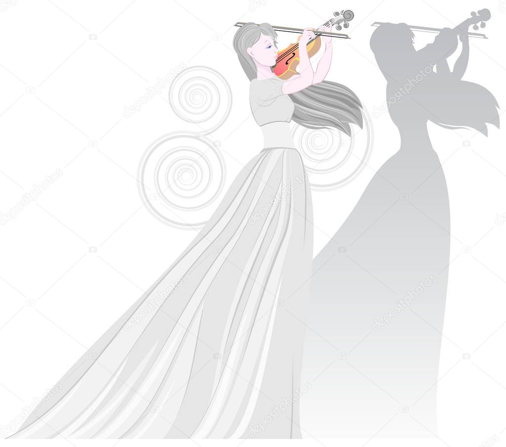 Illustration of beautiful fairy playing the violin. Poster for musical festival with woman's figure and her shadow. Vector cartoon image.