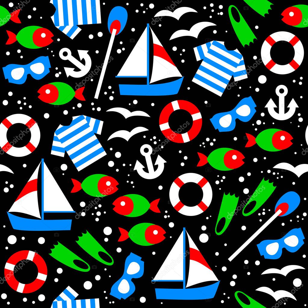 Seamless pattern ornament with scattered objects for seaside holidays. Print for marine t-shirts and towels for travel. Vector cartoon image on black background.