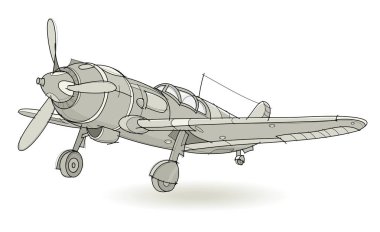 Fantezi illüstrasyon savaş uçağının beyaz arka plan üzerinde. Savaşçı orta yirminci yüzyılın modeli. Çizilmiş vektör görüntü.