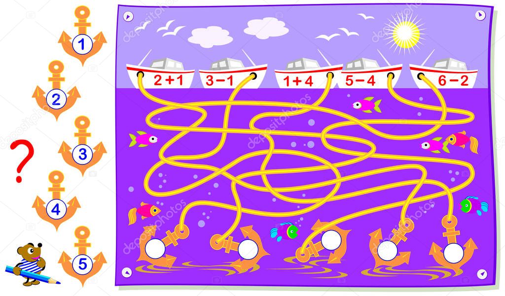 Educational page with exercises for children on addition and subtraction. Need to solve examples and write the numbers on the anchors. Vector cartoon image.