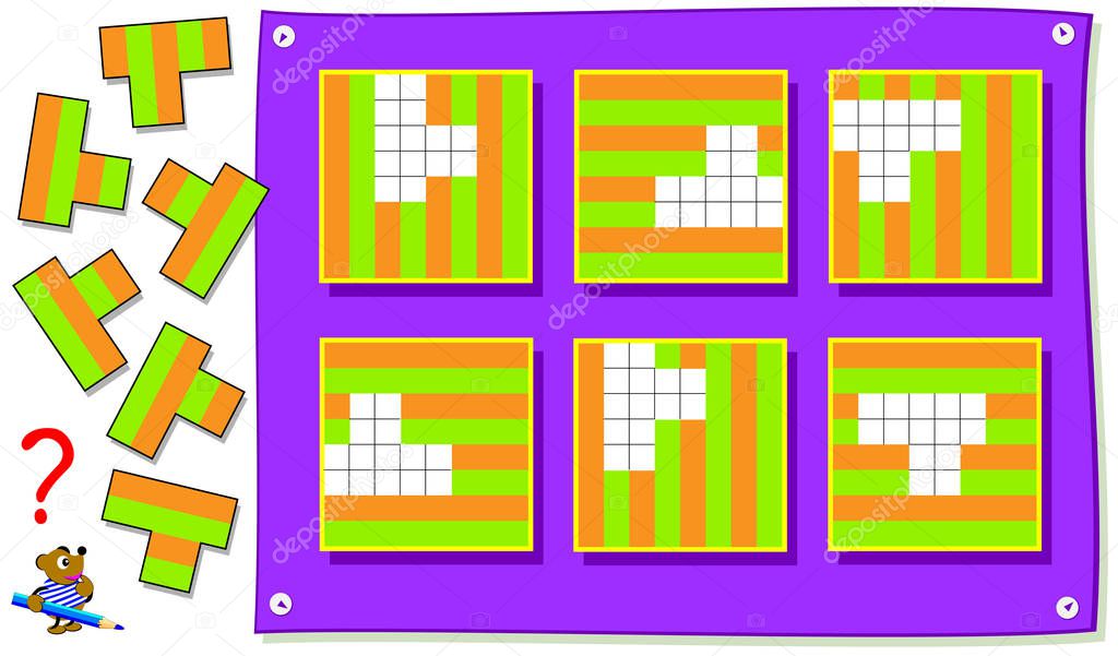 Logic puzzle game for young children. Need to find the correct places for the details and paint the stripes. Vector cartoon image.