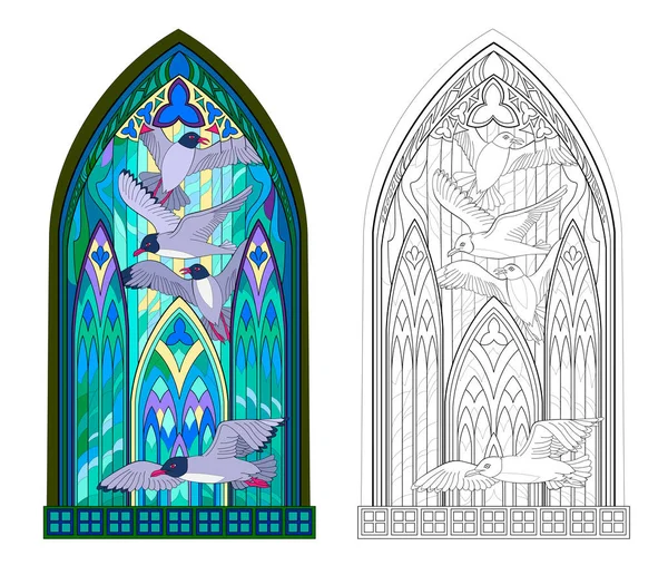 Patrón Colorido Blanco Negro Vitral Gótico Con Gaviotas Voladoras Hoja — Vector de stock