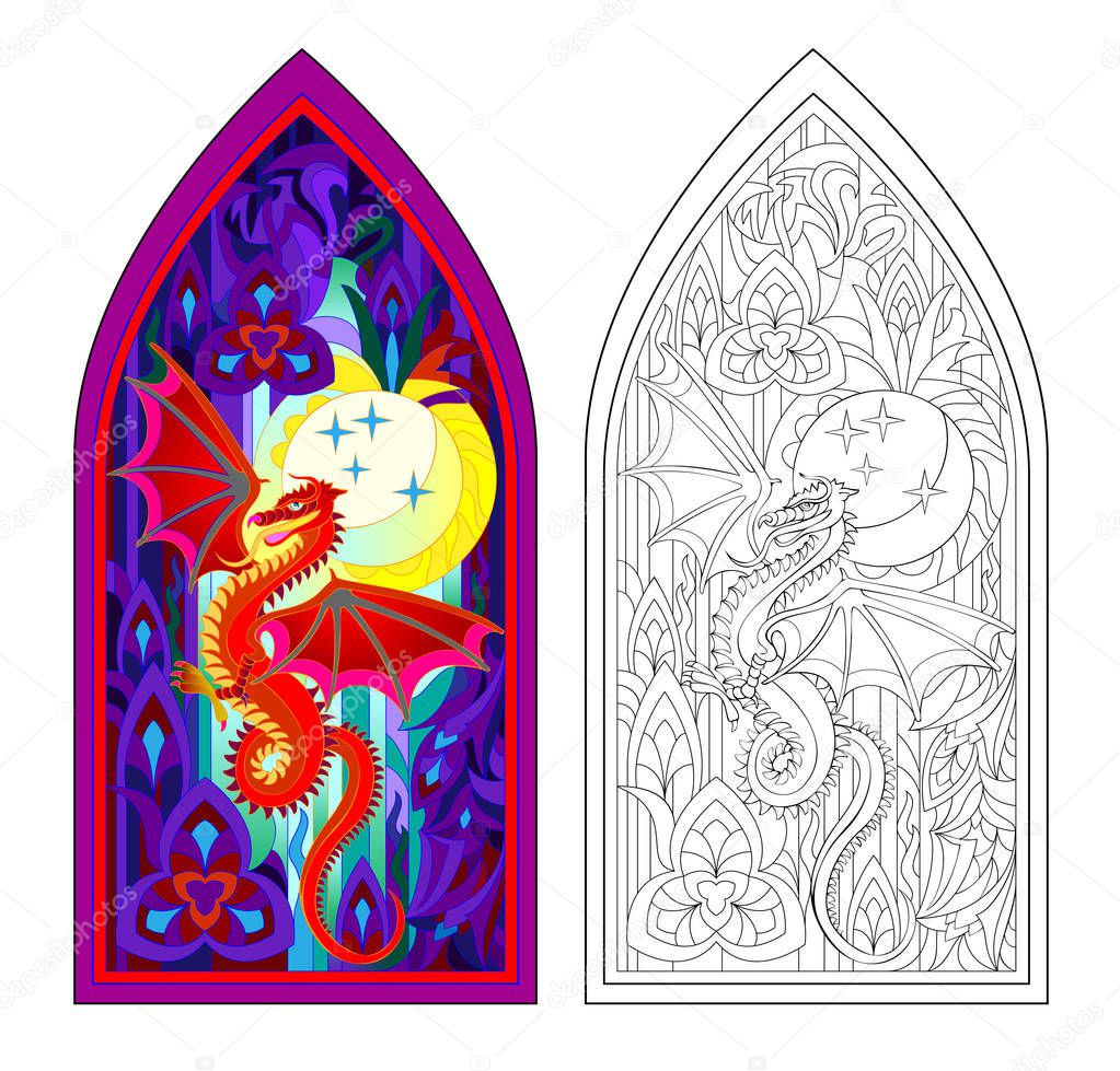 Colorful and black and white pattern of Gothic stained glass window with red dragon. Worksheet for children and adults. Vector image.