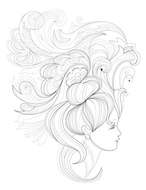 Siyah ve beyaz sayfa boyama. Moda saç modeli ile kadın yüz çiziminin fantezi. Kuaför için reklam afişi. Çocuklar ve yetişkinler için çalışma sayfası. Vektör görüntü.