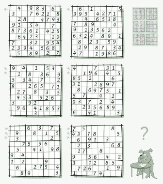 Mantık Sudoku oyunu. Farklı düzey bulmacalar kümesi. Çocuklar ve yetişkinler için çalışma sayfası. Vektör görüntü.