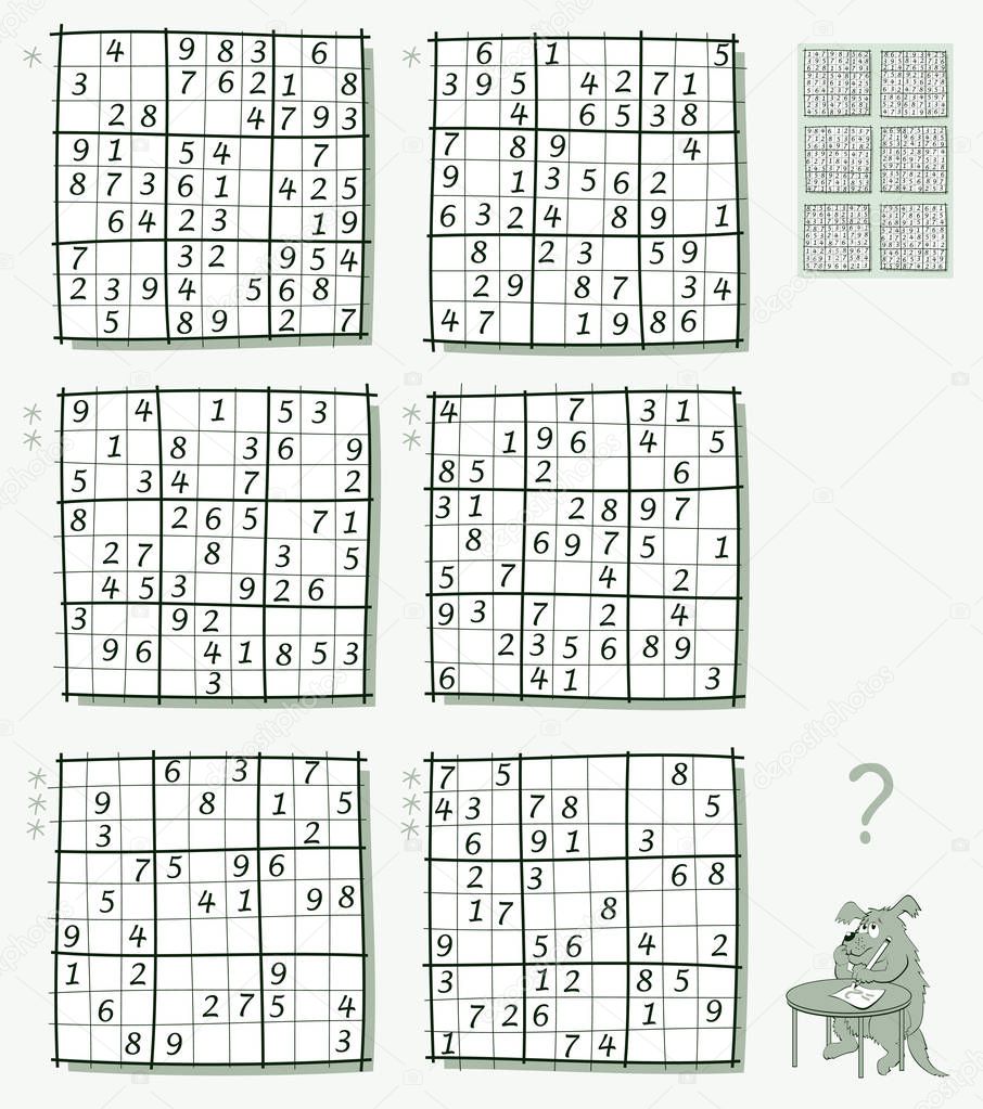 Logic Sudoku game. Set of different level puzzles. Worksheet for children and adults. Vector image.