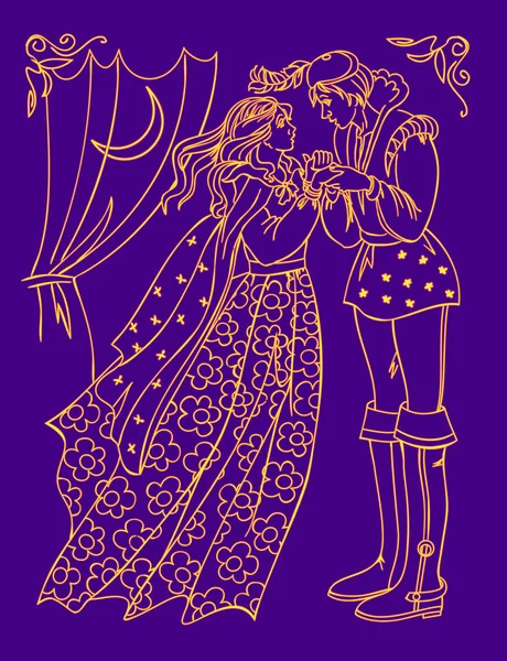 Illustration Prince Princesse Ancien Conte Fées Réunissant Nuit Affiche Mariage — Image vectorielle