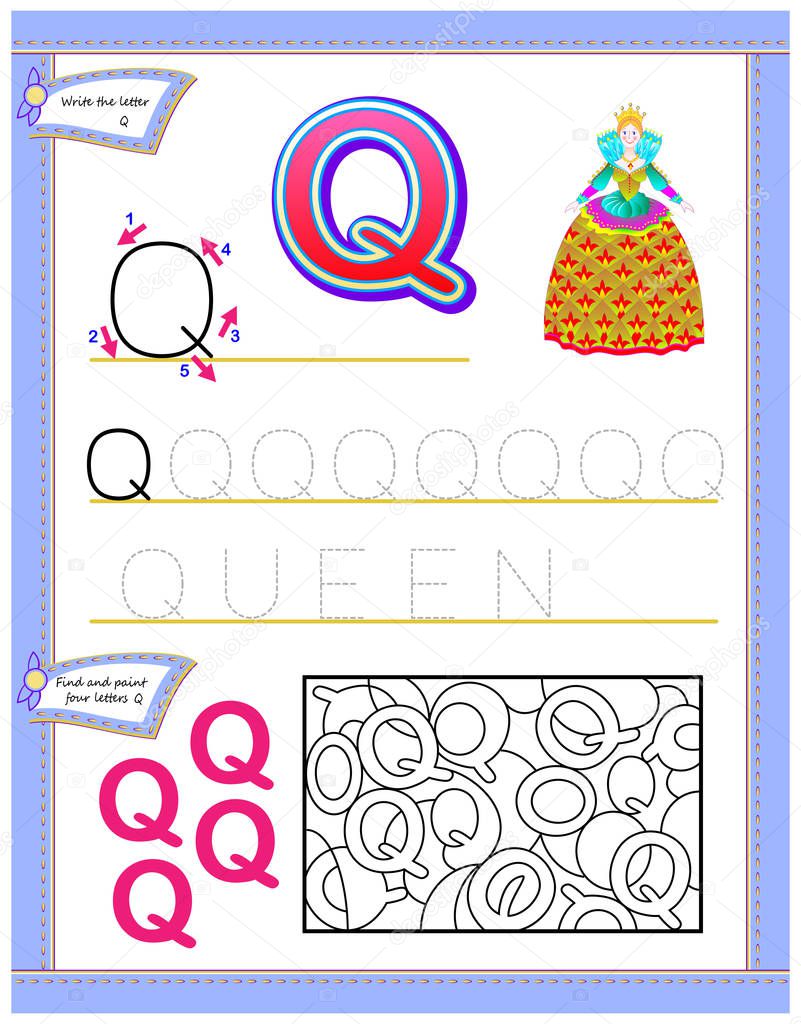 Worksheet for kids with letter Q for study English alphabet. Logic puzzle game. Developing children skills for writing and reading. Vector cartoon image.