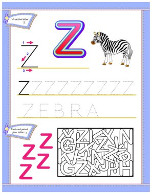 Harf Z için çalışma İngilizce alfabe ile çocuklar için çalışma. Mantık bulmaca oyunu. Çocuklar için okuma ve yazma becerilerini geliştirmek. Vektör çizgi film resim.