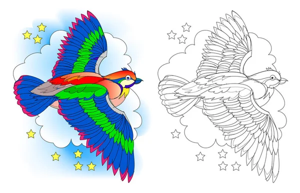 Fantasy illustration of fairyland flying bird. Colorful and black and white pattern for coloring. Worksheet for children and adults. Vector cartoon image.