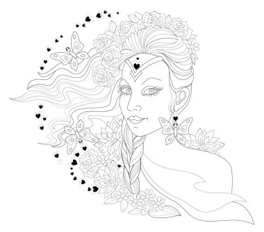 Siyah ve beyaz sayfa boyama. Moda saç modeli ile kadın portresi çizim fantezi. Kuaför için reklam afişi. Çocuklar ve yetişkinler için çalışma sayfası. Vektör görüntü.