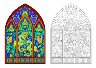 Gothic vitray pencere güzel Sualtı canlıları ile renkli ve siyah-beyaz desen. Çocuklar ve yetişkinler için boyama kitabı için çalışma sayfası. Vektör görüntü.