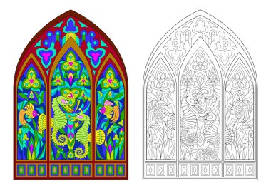 Colorful and black and white pattern of Gothic stained glass window with beautiful underwater life. Worksheet for coloring book for children and adults. Vector image. clipart