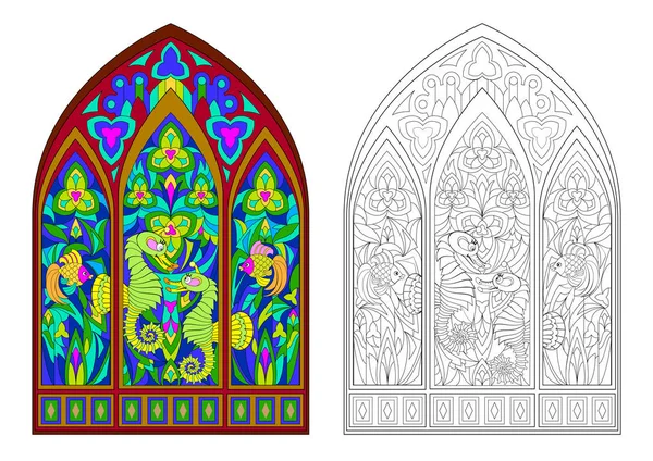 Gothic Vitray Pencere Güzel Sualtı Canlıları Ile Renkli Siyah Beyaz — Stok Vektör