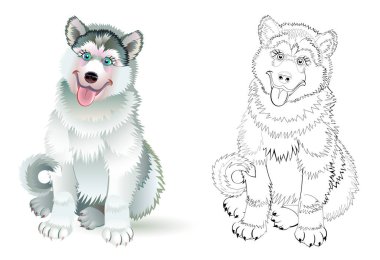 Fantezi illüstrasyon şirin oturma husky köpek. Renkli ve siyah-beyaz sayfa boyama kitabı için. Çocuklar ve yetişkinler için çalışma sayfası. Vektör çizgi film resim.