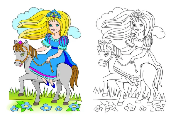 Ilustración Fantasía Linda Princesita Montando Página Colorida Blanco Negro Para — Vector de stock