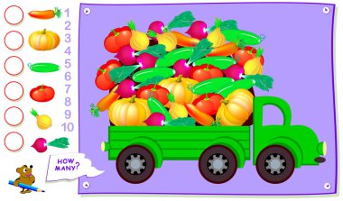 Çocuklar için eğitim sayfası. Her sebze kaç adet kamyon bulabilir misin? Miktarı saymak ve çevrelerinde sayıları yazın. Vektör çizgi film resim.