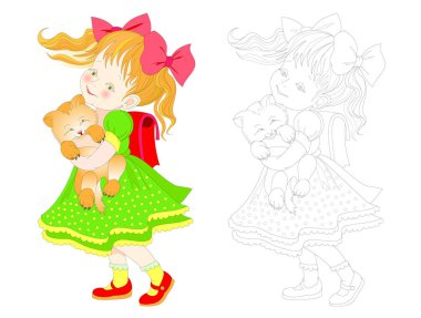 Fantezi Illustration sevimli küçük kız yavru kedi ile aynı okula gidiyor. Renkli ve siyah-beyaz sayfa boyama kitabı için. Çocuklar ve yetişkinler için çalışma sayfası. Vektör çizgi film resim.