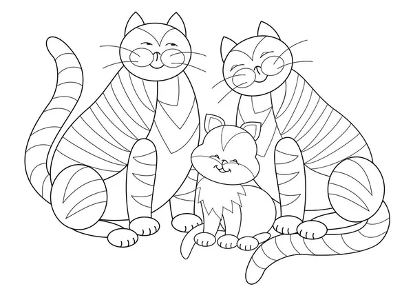 Black White Page Kids Coloring Book Illustration Happy Cats Family — Stock Vector