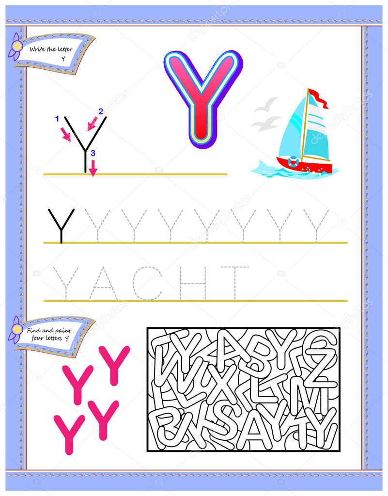 Worksheet for kids with letter Y for study English alphabet. Logic puzzle game. Developing children skills for writing and reading. Vector cartoon image.