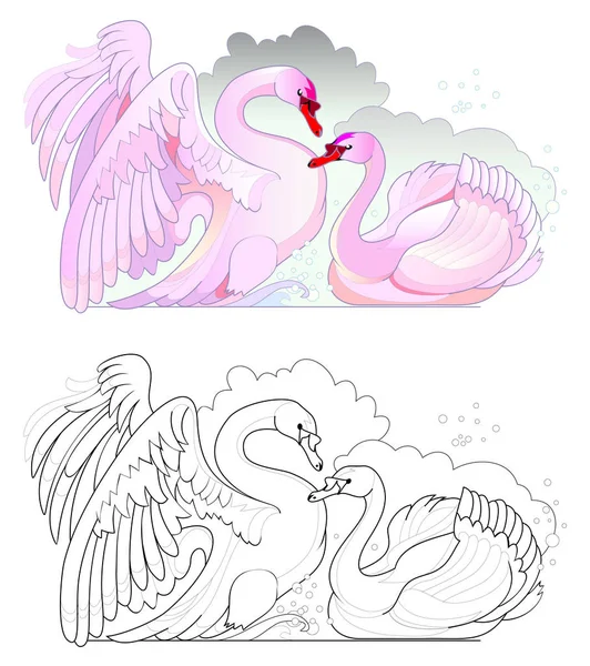 Fantasy Illustration Couple Romantic Swans Love Colorful Black White Page — Stock Vector